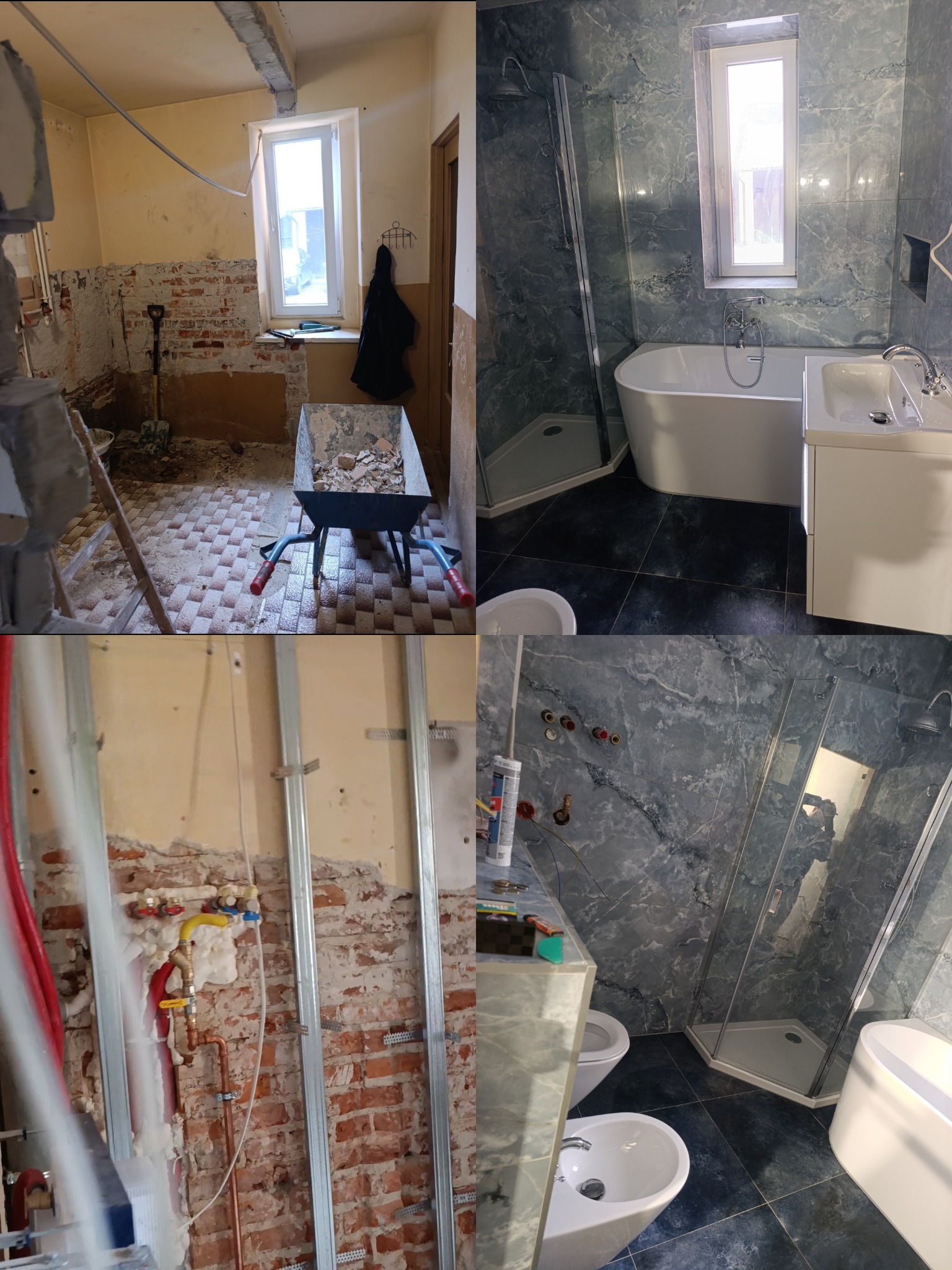 Remont łazienki: kolaż 'przed' z gruzem i 'po' z wanną, kabiną, bidetem i umywalką na tle marmurowych płytek. Widoczne instalacje i stelaże.