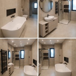 Rafał Cuprun Usługi Remontowo - Budowlane - Nowoczesna łazienka w beżowych tonacjach z wanną, kabiną prysznicową i umywalką na szafce. Minimalistyczny design, oświetlenie punktowe, czarne akcenty.