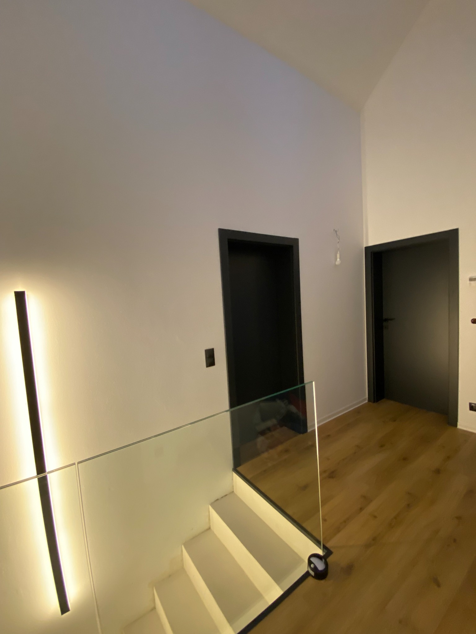 Nowoczesne wnętrze z dwiema czarnymi ościeżnicami i skrzydłami drzwiowymi, szklaną balustradą schodów i podświetleniem LED na ścianie. Minimalistyczny design.