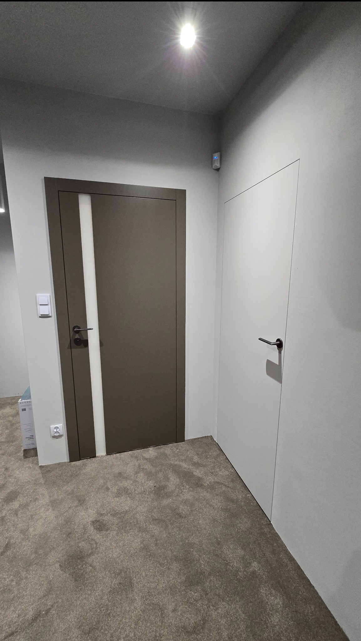 Dwa rodzaje drzwi wewnętrznych: ciemne z pionowym paskiem i białe, minimalistyczne, w szarym korytarzu z wykładziną. Widoczny fragment ściany z włącznikiem i gniazdkiem.
