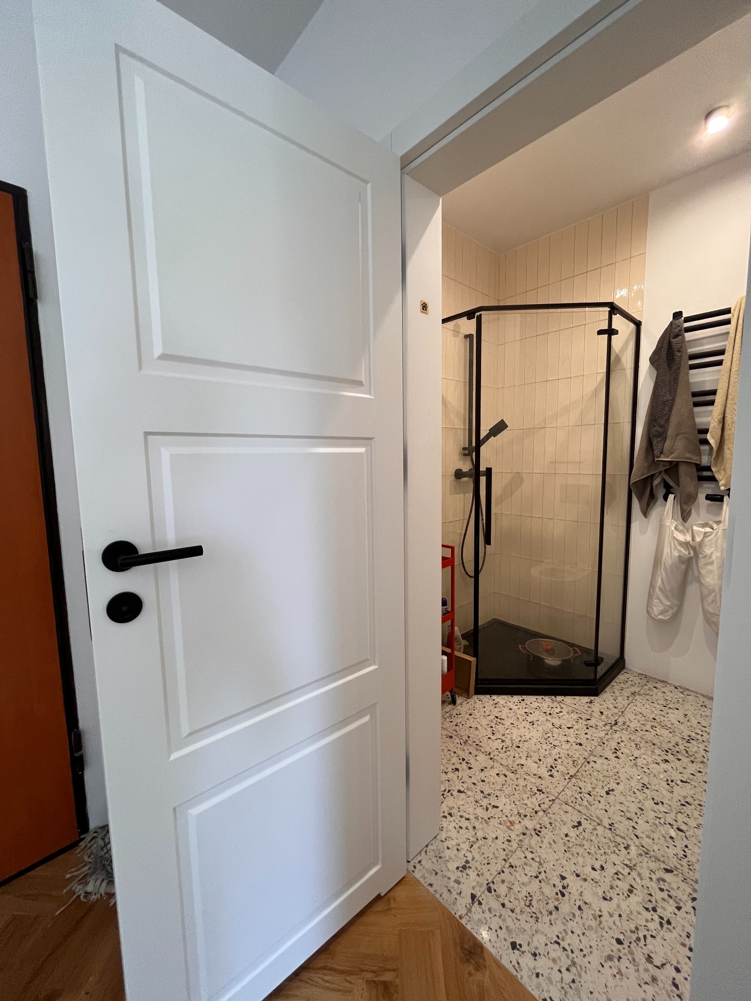 Białe, panelowe drzwi wewnętrzne z czarną klamką, otwarte na łazienkę z kabiną prysznicową w czarnej ramie i mozaikową podłogą. Widok z korytarza.