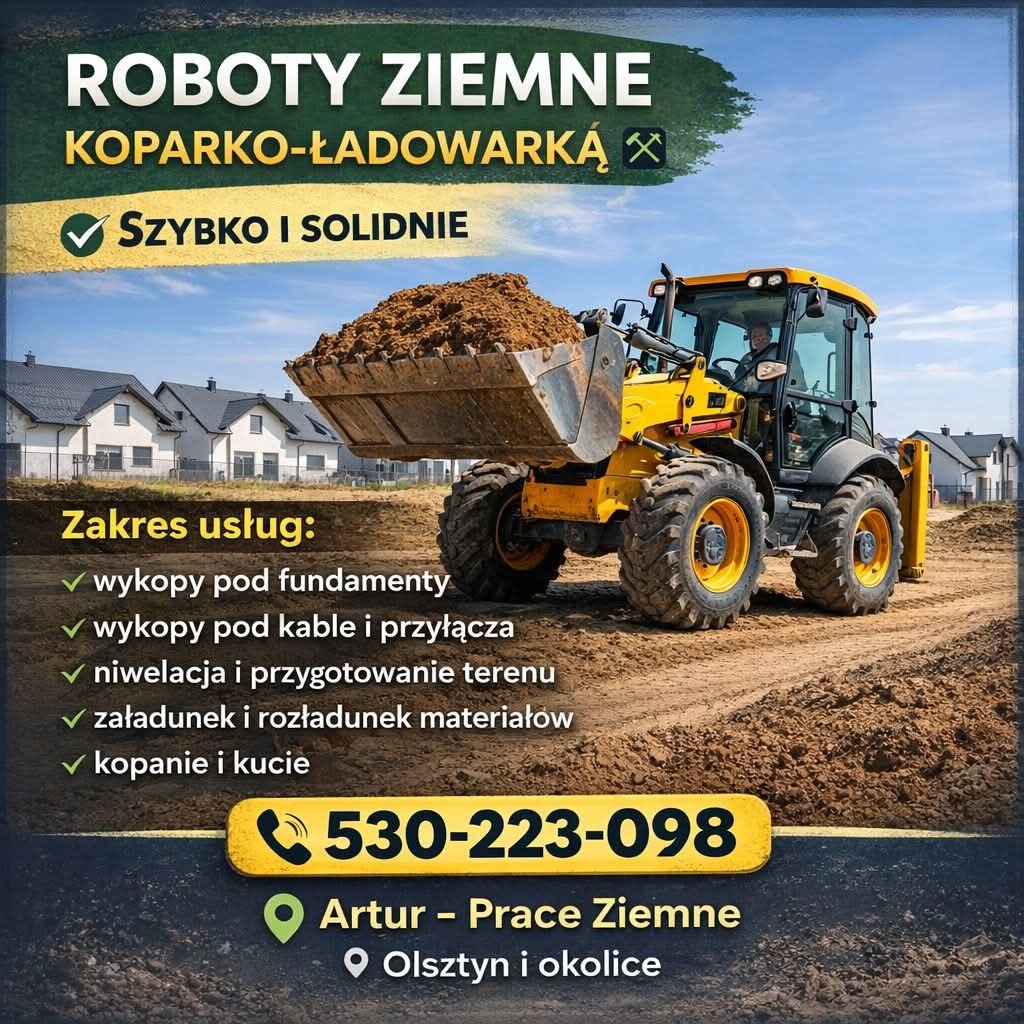 Żółta koparko-ładowarka z pełną łyżką ziemi na tle domów jednorodzinnych. Reklama usług ziemnych z numerem telefonu i lokalizacją firmy.