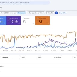 Full Stack Wizard - Panel Google Search Console z widocznymi danymi skuteczności strony: liczba kliknięć, wyświetleń i średnia pozycja dla fraz 'kamar zabawki' i 'kamar'.