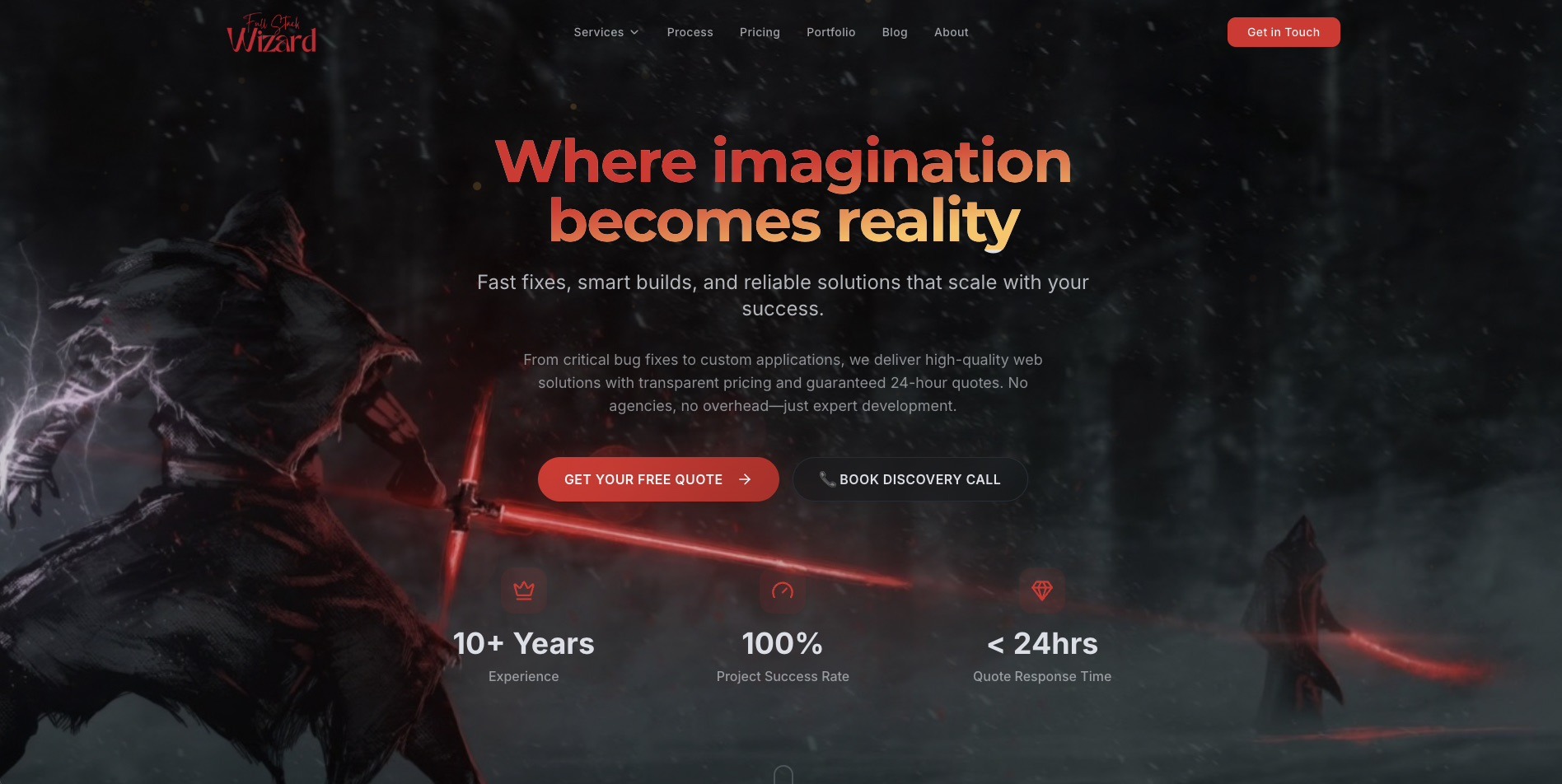 Strona internetowa firmy IT z motywem fantasy. Mroczna grafika z postacią wojownika i hasłem 'Where imagination becomes reality'. Informacje o doświadczeniu i szybkim czasie reakcji.
