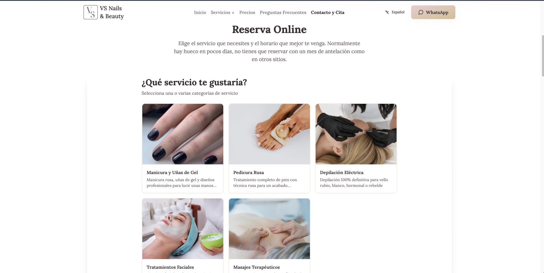 Strona internetowa salonu kosmetycznego z ofertą usług: manicure, pedicure, depilacja, zabiegi na twarz i masaże. Widoczne zdjęcia poszczególnych zabiegów.