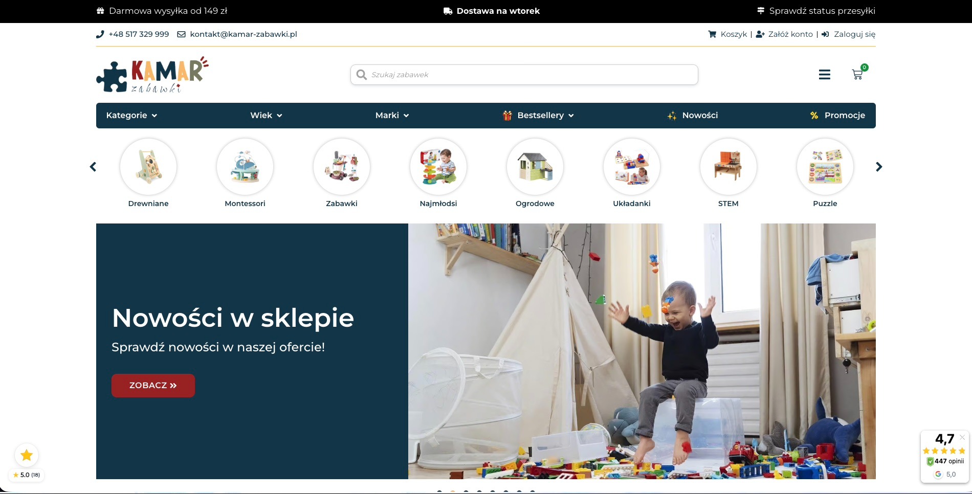 Strona sklepu z zabawkami Kamar Zabawki z Grodziska Mazowieckiego. Kategorie z zabawkami, promocje, nowości. W tle dziecko bawiące się klockami.