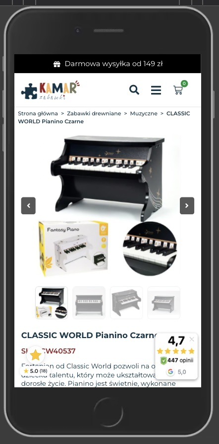 Ekran smartfona prezentuje stronę e-commerce z czarnym pianinem zabawkowym Classic World. Widoczne zdjęcia produktu, oceny klientów i opis. Darmowa wysyłka od 149 zł.