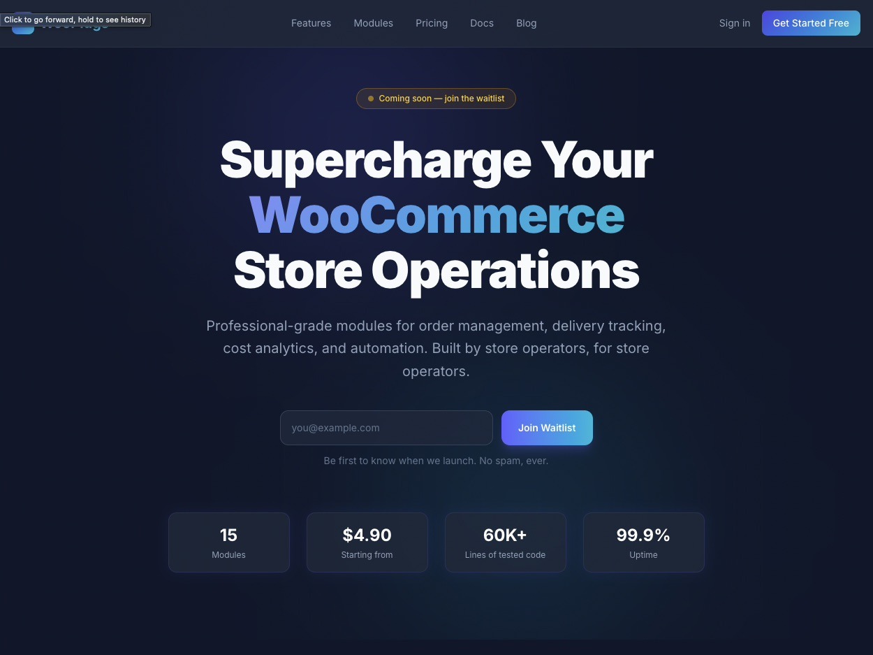 Landing page z nagłówkiem 'Supercharge Your WooCommerce Store Operations'. Widoczne moduły, cena od $4.90, 60K+ linii kodu, 99.9% uptime. Ciemne tło, nowoczesny design.