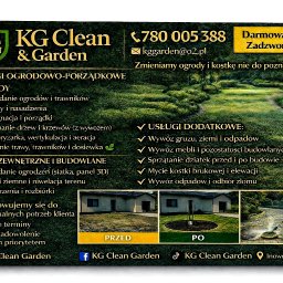 Kg Garden - Ulotka reklamowa firmy KG Clean & Garden z ofertą usług ogrodniczych i porządkowych, prezentująca zakres prac i dane kontaktowe. Widoczne zdjęcia 'przed' i 'po'.