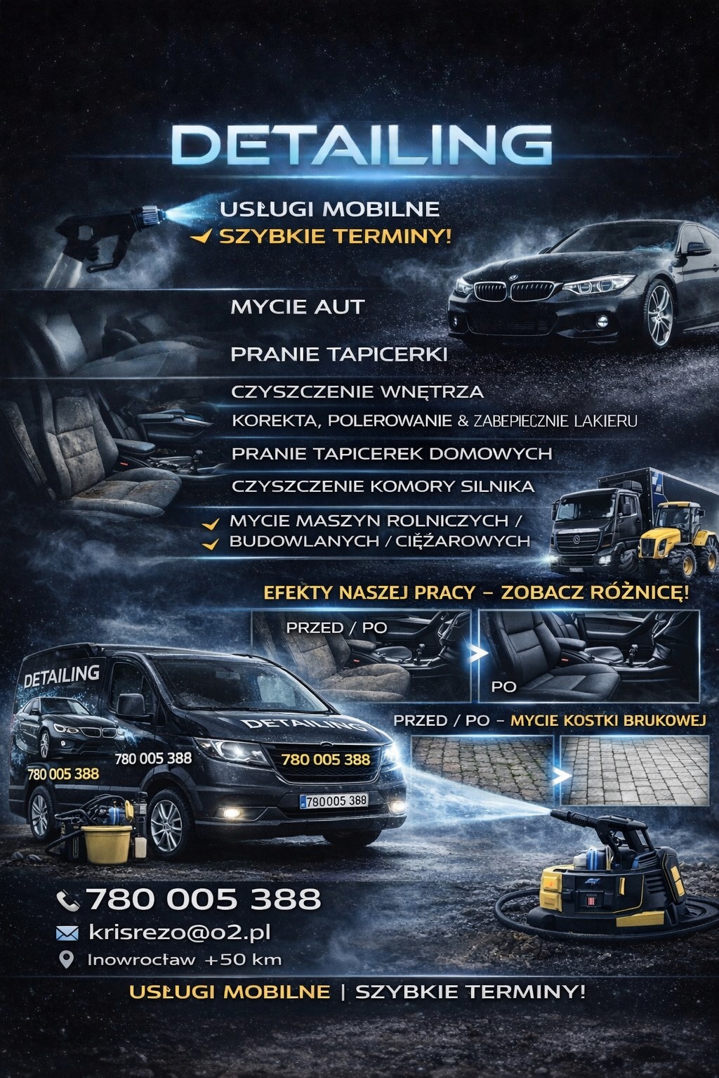 Grafika reklamowa detailing samochodowy: mycie aut, pranie tapicerki, czyszczenie wnętrz, korekta lakieru, mycie maszyn rolniczych i kostki brukowej. Efekt przed i po.