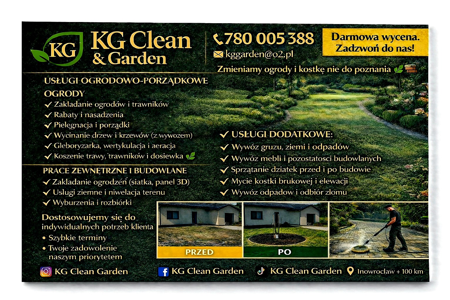 Ulotka reklamowa firmy KG Clean & Garden z ofertą usług ogrodniczych i porządkowych, prezentująca zakres prac i dane kontaktowe. Widoczne zdjęcia 'przed' i 'po'.