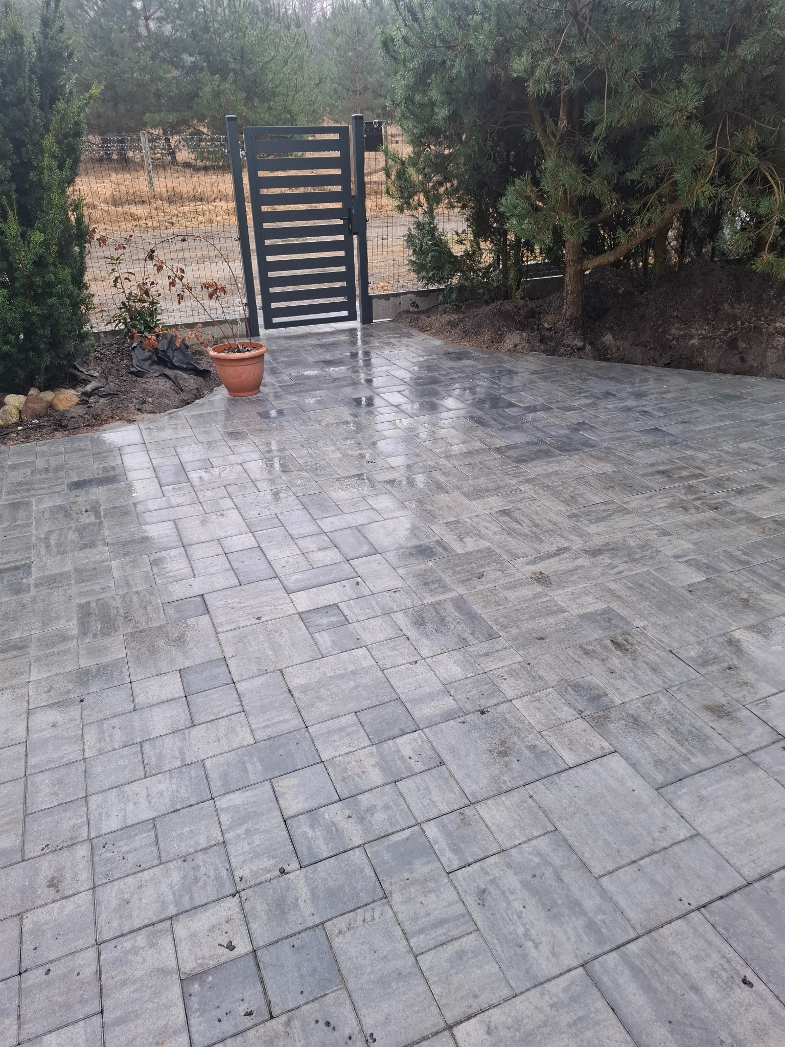 Ułożona szara kostka brukowa prowadząca do nowoczesnej, poziomej bramy wjazdowej. Po lewej stronie donica z rośliną. Całość w pochmurny dzień.