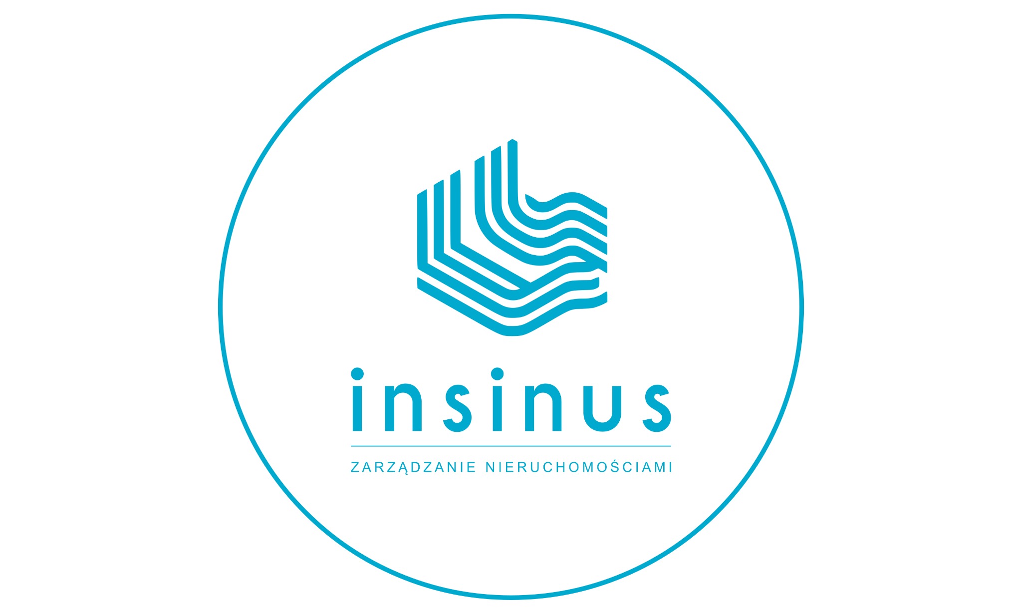 Logo firmy Insinius w błękitnym okręgu, z abstrakcyjnym symbolem budynku i napisem 'zarządzanie nieruchomościami'. Minimalistyczny design na białym tle.