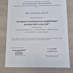 Daniel Zielonka - Certyfikat ukończenia szkolenia z dostępności architektonicznej dla OzSP i OzN, zrealizowanego przez Laboratorium Doświadczeń Sp. z o.o. w Lublinie, 12.03.2026.