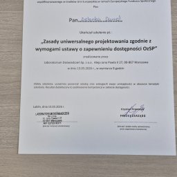 Daniel Zielonka - Certyfikat ukończenia szkolenia z zasad uniwersalnego projektowania, wystawiony przez Laboratorium Doświadczeń Sp. z o.o. dla Pana Daniela Zielonki.