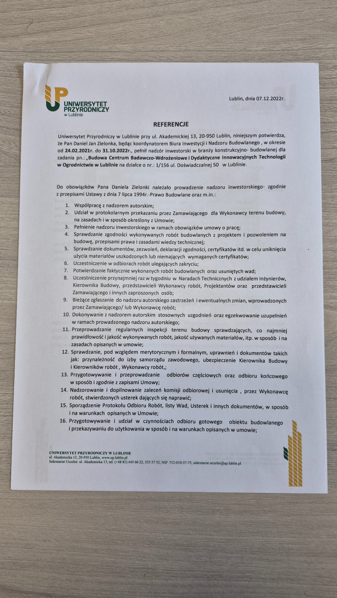 Dokument referencyjny Uniwersytetu Przyrodniczego w Lublinie dla Daniela Zielonki za nadzór inwestorski budowy Centrum Badawczo-Wdrożeniowego w Lublinie.