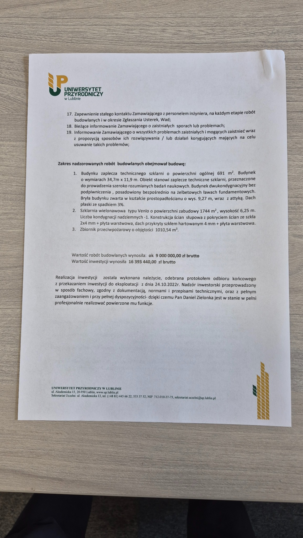 Dokument z zakresem nadzorowanych robót budowlanych Uniwersytetu Przyrodniczego w Lublinie, potwierdzający realizację inwestycji i nadzór inwestorski.