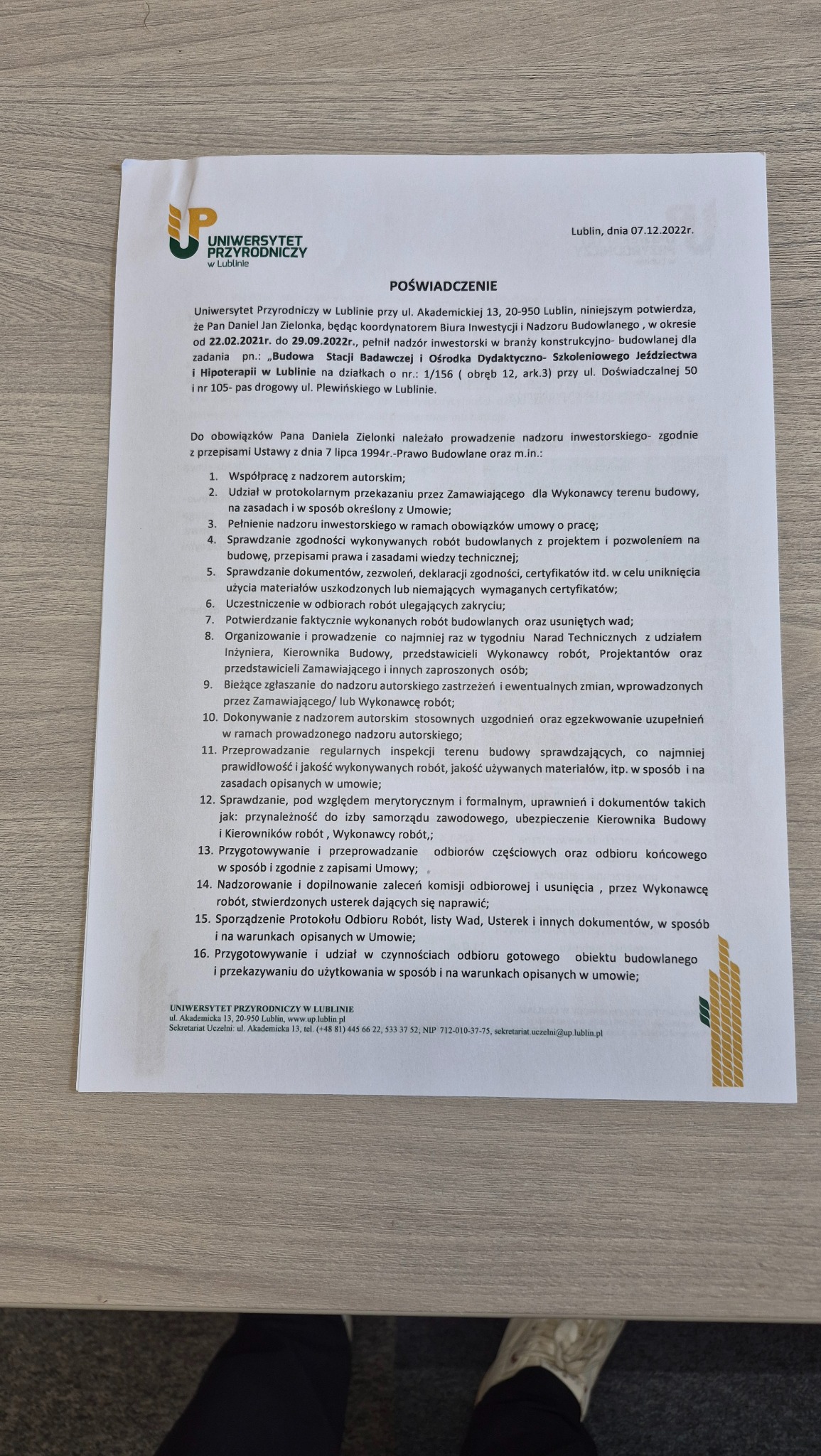 Dokument poświadczający nadzór inwestorski nad budową Stacji Badawczej i Ośrodka Dydaktyczno-Szkoleniowego Jeździectwa przez Uniwersytet Przyrodniczy w Lublinie.