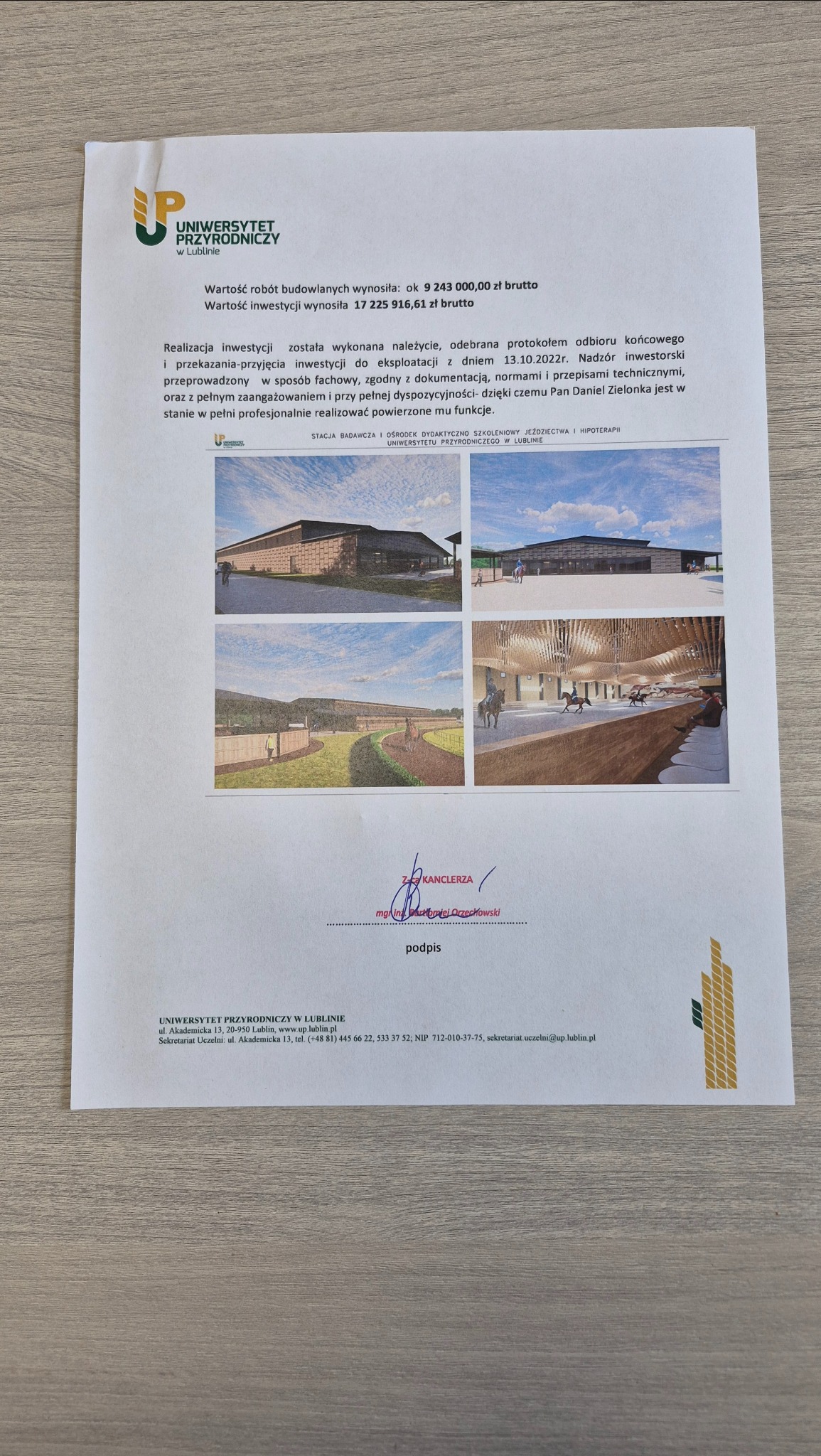 Dokument z protokołem odbioru końcowego inwestycji Uniwersytetu Przyrodniczego w Lublinie, dotyczący stacji badawczej jeździectwa i hipoterapii.