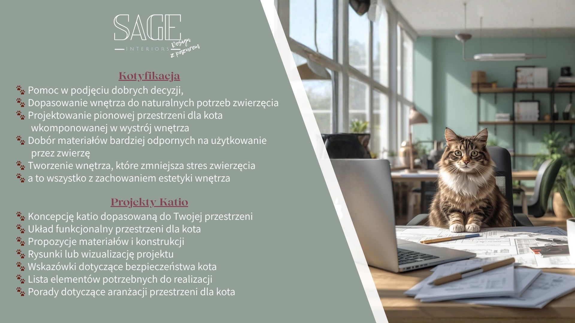 Kotyfikacja wnętrza: kot siedzi na krześle biurowym przy biurku z laptopem i planami, w tle jasne, nowoczesne wnętrze z roślinami i półkami.