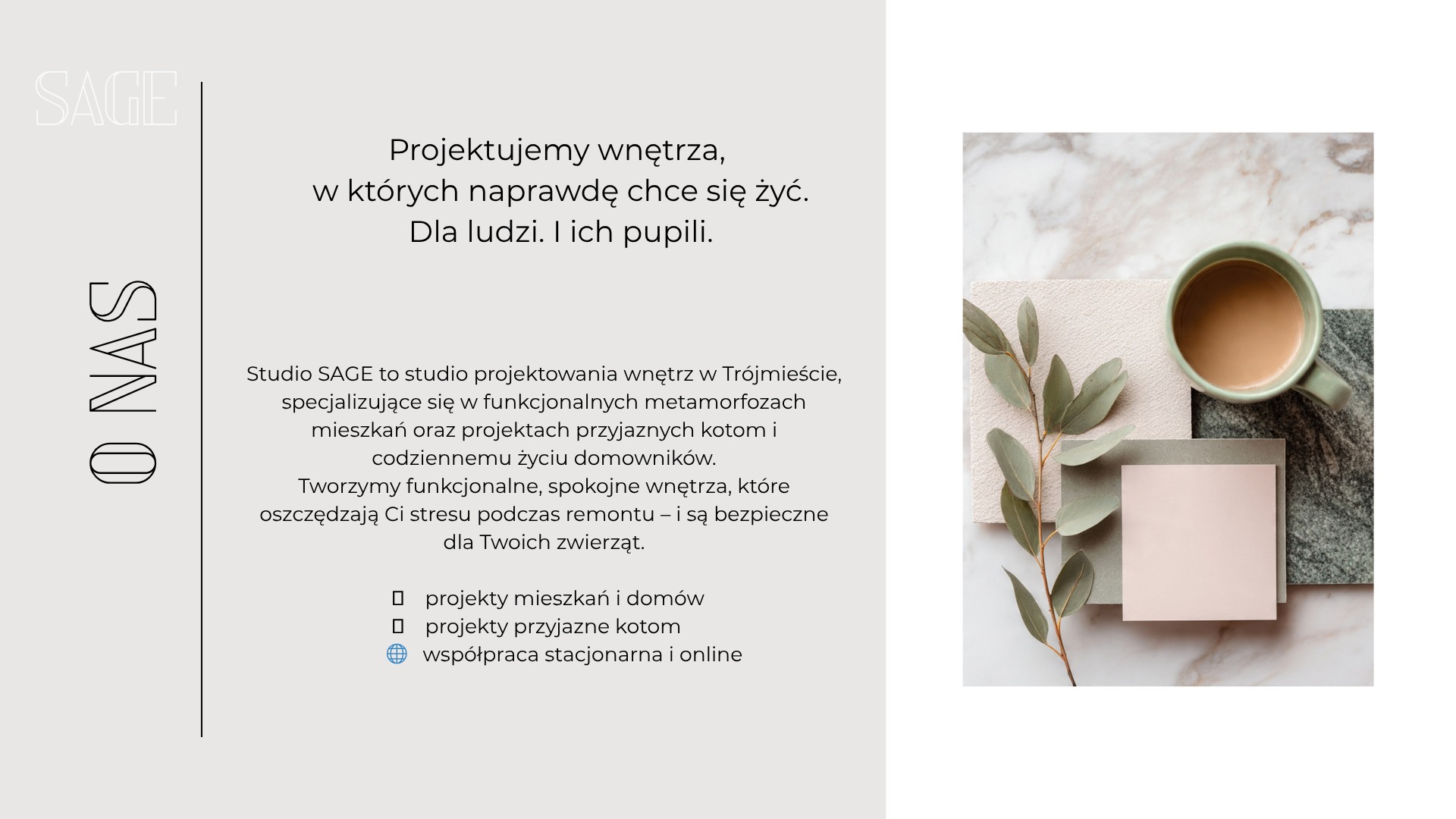 Paleta barw i materiałów do aranżacji wnętrz: marmur, beton, pastelowy róż, zieleń eukaliptusa i filiżanka kawy na marmurowym tle. Spokojna, harmonijna kompozycja.