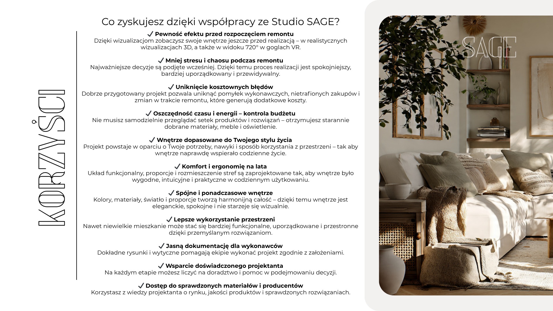 Jasne wnętrze salonu w stylu boho z beżową sofą, dekoracyjnymi poduszkami i roślinami. Na ścianie grafika i półki z ozdobami. Przytulna aranżacja.