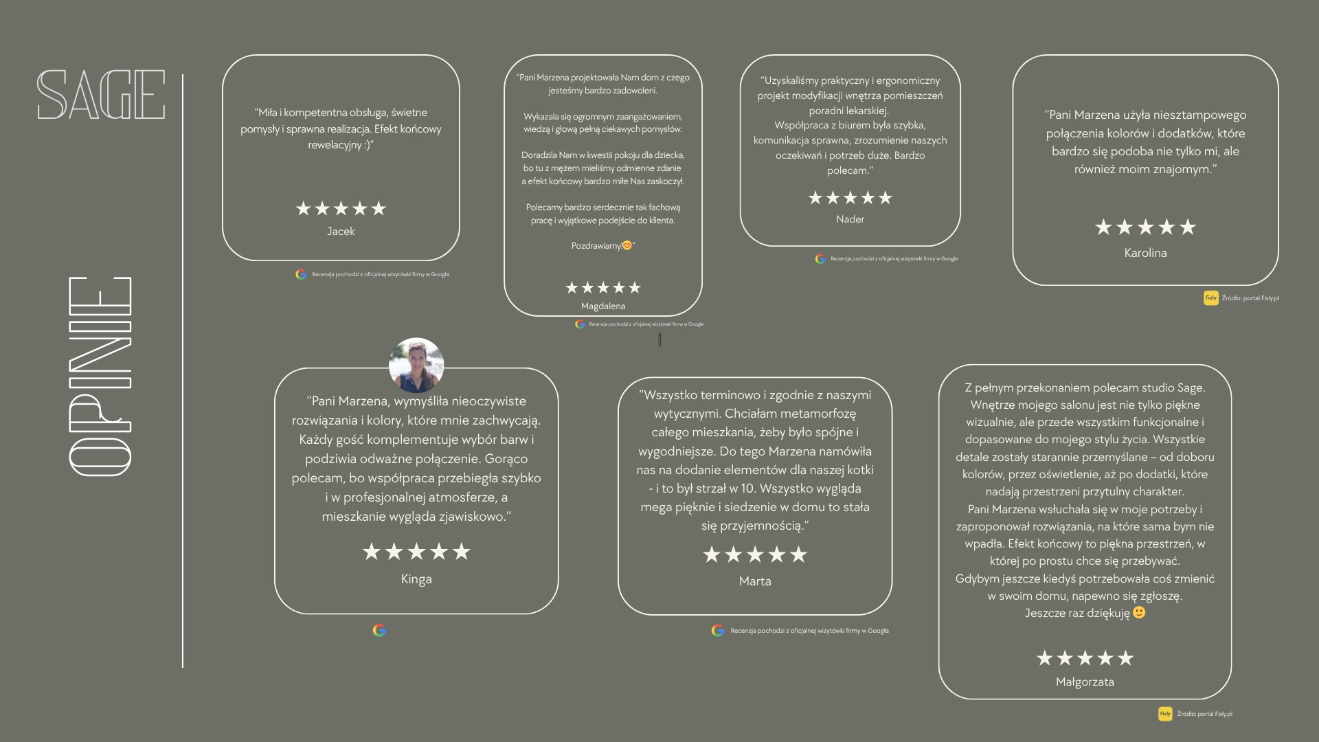 Opinie klientów o studio Sage, podkreślające profesjonalizm, kreatywność i zadowolenie z efektów aranżacji wnętrz, z recenzjami od Jacka, Magdaleny, Nadera, Karoliny, Kingi, Marty i Małgorzaty.
