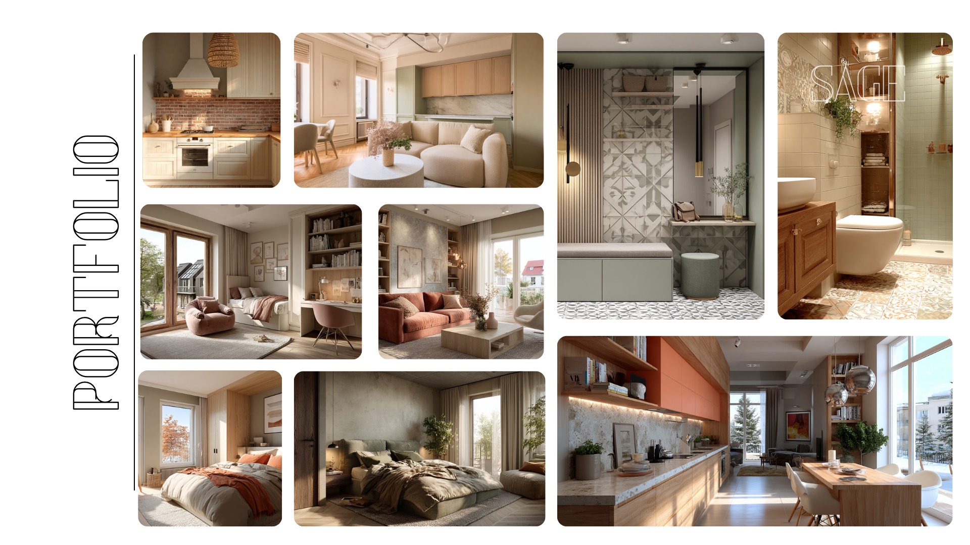 Portfolio aranżacji wnętrz: kuchnia z cegłą, salon z sofą, sypialnia z roślinami, łazienka z mozaiką. Jasne, przestronne pomieszczenia w neutralnych barwach.