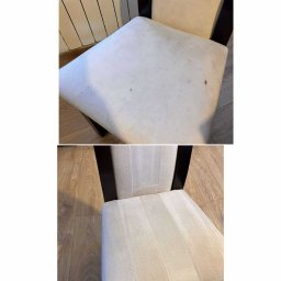 Glancok - Pranie tapicerki - WOJCIECH STOŁOWSKI - Krzesło tapicerowane przed i po czyszczeniu. Widoczne plamy na siedzisku przed zabiegiem i czysta tapicerka po. Ciemne drewniane nogi i oparcie krzesła.