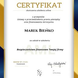 Bieńko Nieruchomości - Certyfikat ukończenia szkolenia online z zakresu przeciwdziałania praniu pieniędzy i finansowaniu terroryzmu, wystawiony dla Marka Bieńko.