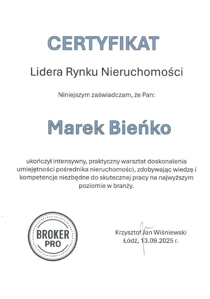 Certyfikat Lidera Rynku Nieruchomości dla Marka Bieńko, potwierdzający ukończenie warsztatu doskonalenia umiejętności pośrednika nieruchomości Broker Pro.