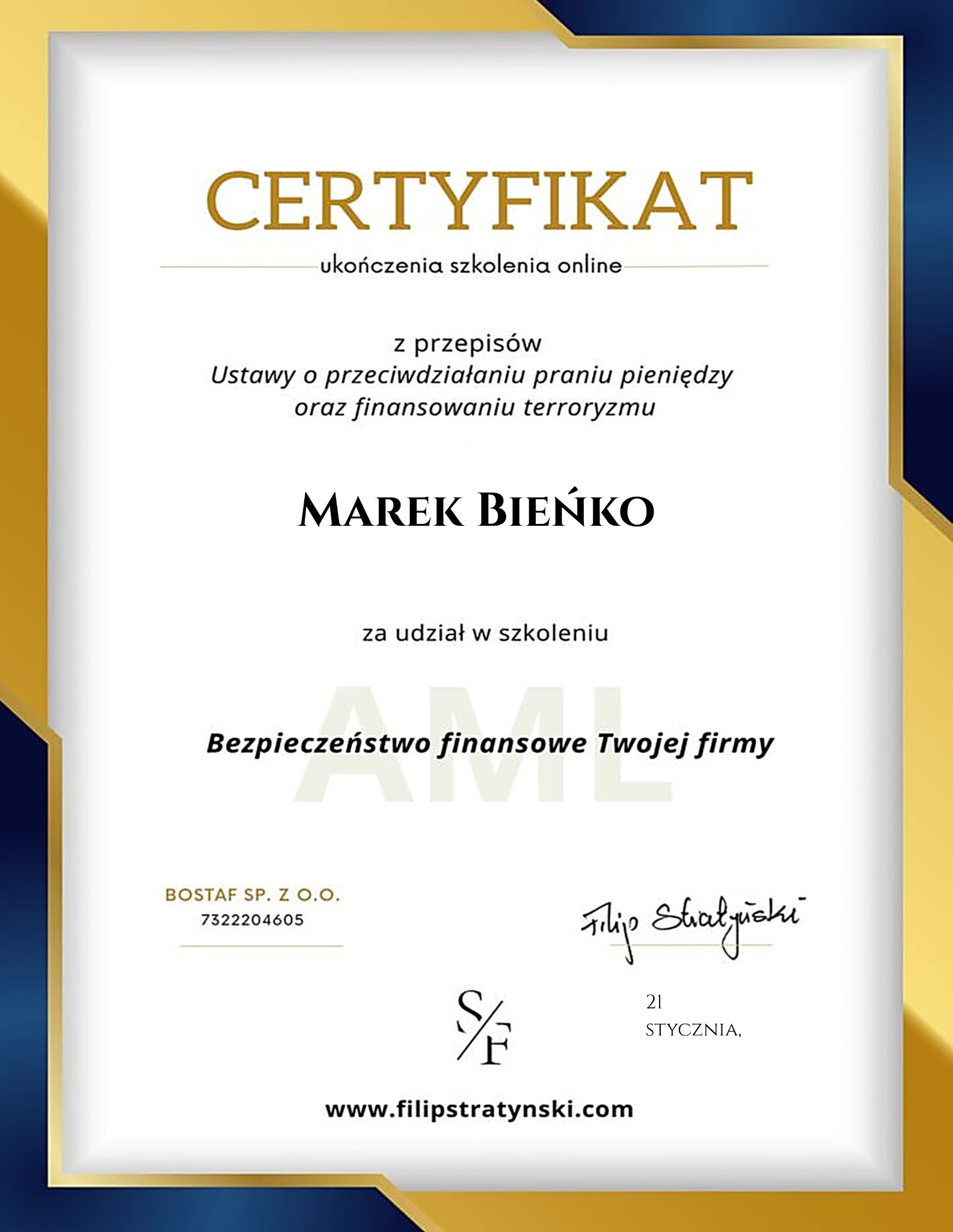 Certyfikat ukończenia szkolenia online z zakresu przeciwdziałania praniu pieniędzy i finansowaniu terroryzmu, wystawiony dla Marka Bieńko.