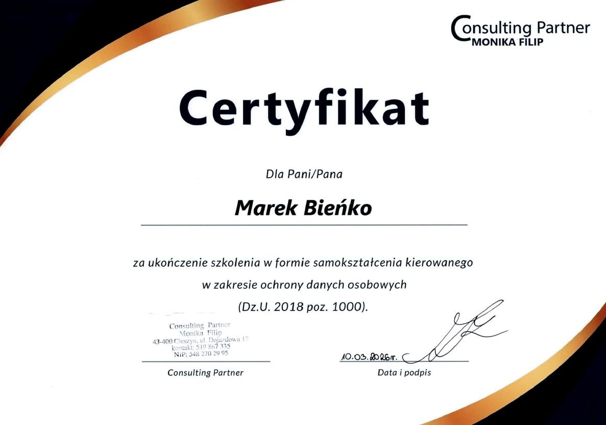 Certyfikat ukończenia szkolenia z ochrony danych osobowych dla Marka Bieńko, wydany przez Consulting Partner Monika Filip, z datą i podpisem.