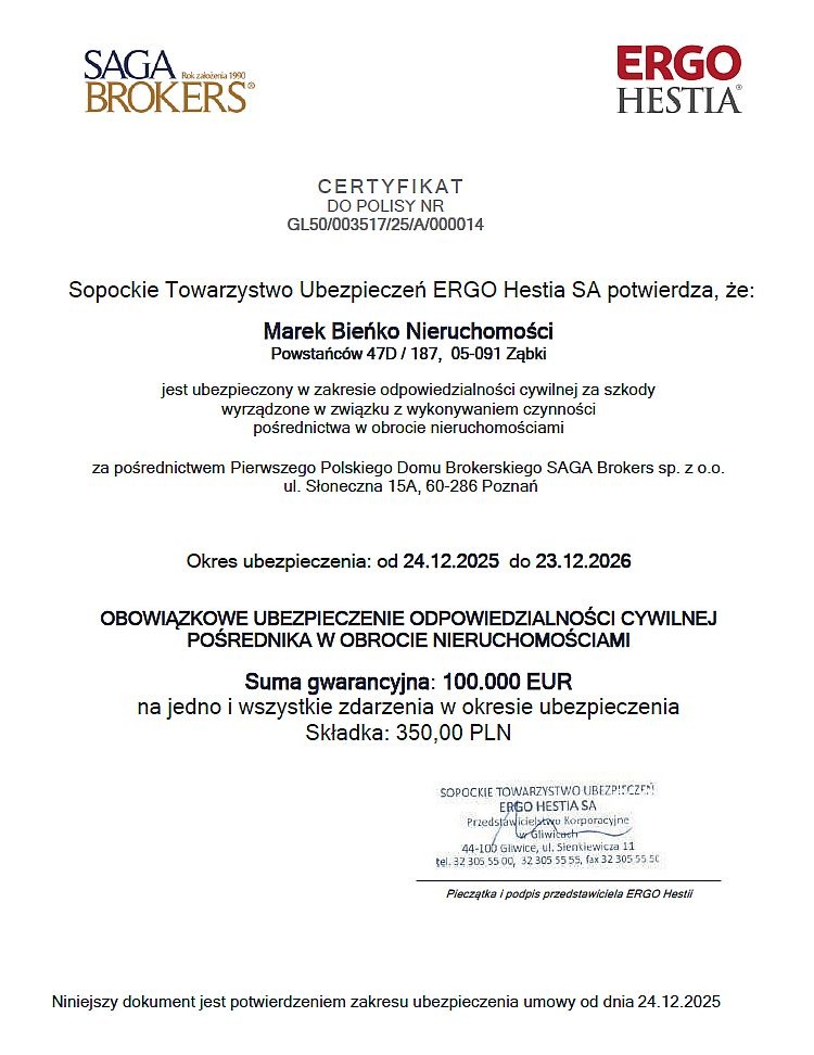 Certyfikat OC pośrednika nieruchomości od ERGO Hestia dla Marek Bieńko Nieruchomości. Dokument potwierdza ubezpieczenie w zakresie pośrednictwa w obrocie nieruchomościami.