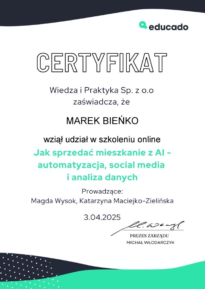 Certyfikat ukończenia szkolenia online 'Jak sprzedać mieszkanie z AI' dla Marka Bieńko, wydany przez Wiedza i Praktyka Sp. z o.o., podpisany przez Prezesa Zarządu.