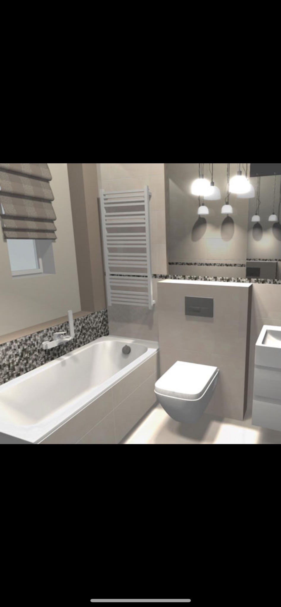 Wizualizacja łazienki z wanną, toaletą podwieszaną i grzejnikiem drabinkowym. Beżowe płytki, mozaika i rolety w oknie. Nowoczesne oświetlenie.