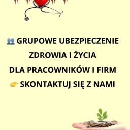 ALVENTA - Grafika: Grupowe ubezpieczenie zdrowia i życia dla firm. Stetoskop z sercem, dłoń z monetami i rośliną. Zaproszenie do kontaktu.
