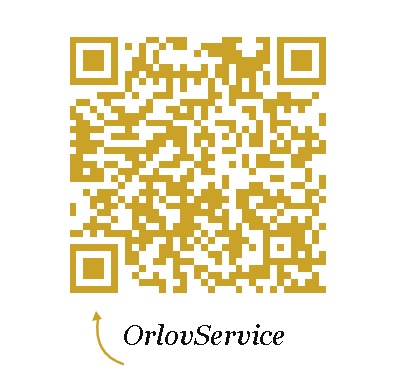 Złoty kod QR z nazwą 'OrlovService' poniżej, na białym tle. Kod prowadzi do strony internetowej firmy motoryzacyjnej.
