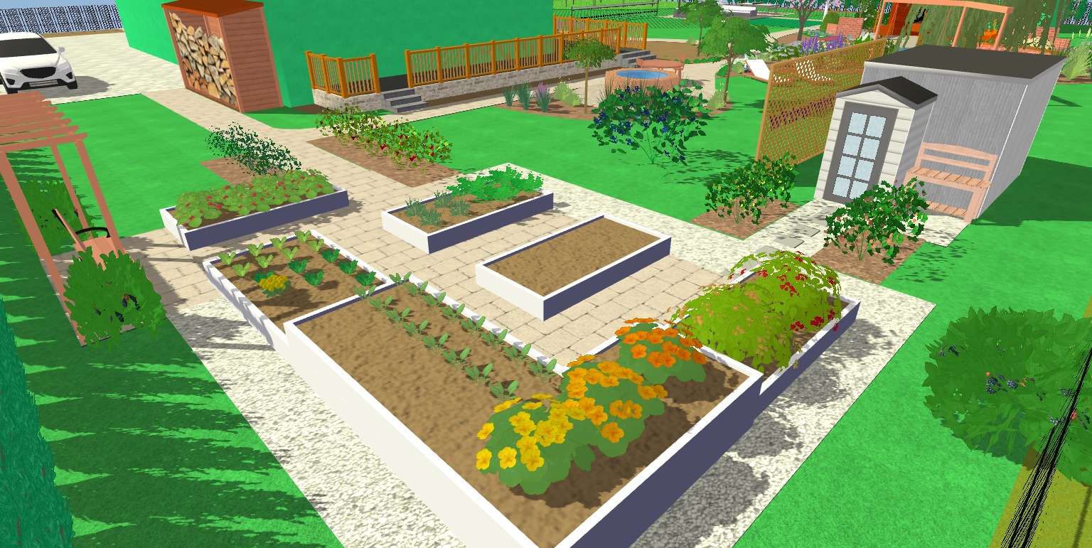 Projekt warzywnika z podwyższonymi grządkami, ścieżkami z kostki i domkiem narzędziowym w ogrodzie. Widok z góry na wizualizację 3D.