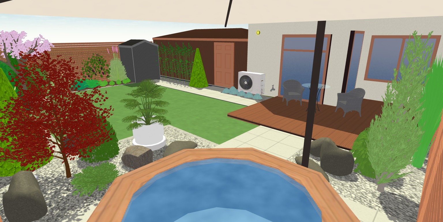 Wizualizacja ogrodu w stylu japońskim: czerwony klon palmowy, oczko wodne, trawnik, domek narzędziowy, taras z meblami ogrodowymi, klimatyzator na ścianie budynku.