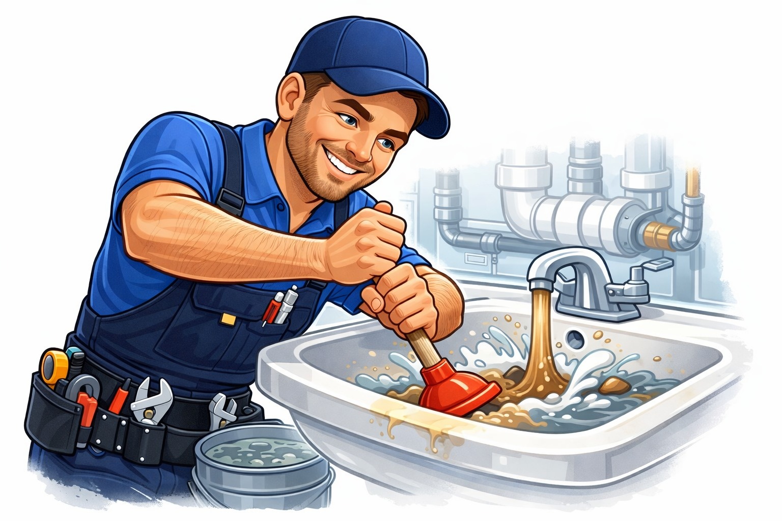Ilustracja hydraulika w akcji: uśmiechnięty mężczyzna w kombinezonie udrażnia zlew za pomocą przepychacza, w tle widoczne rury. Dynamiczne ujęcie.