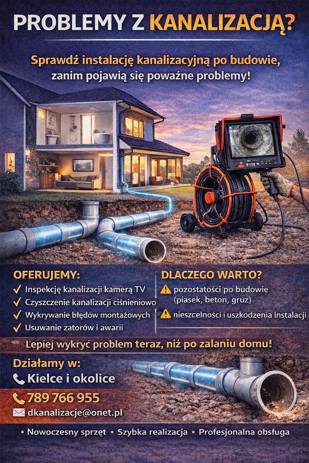 Ilustracja inspekcji kanalizacji kamerą TV. Widoczny przekrój domu, rury kanalizacyjne i sprzęt do inspekcji. Oferta usług hydraulicznych w Kielcach.