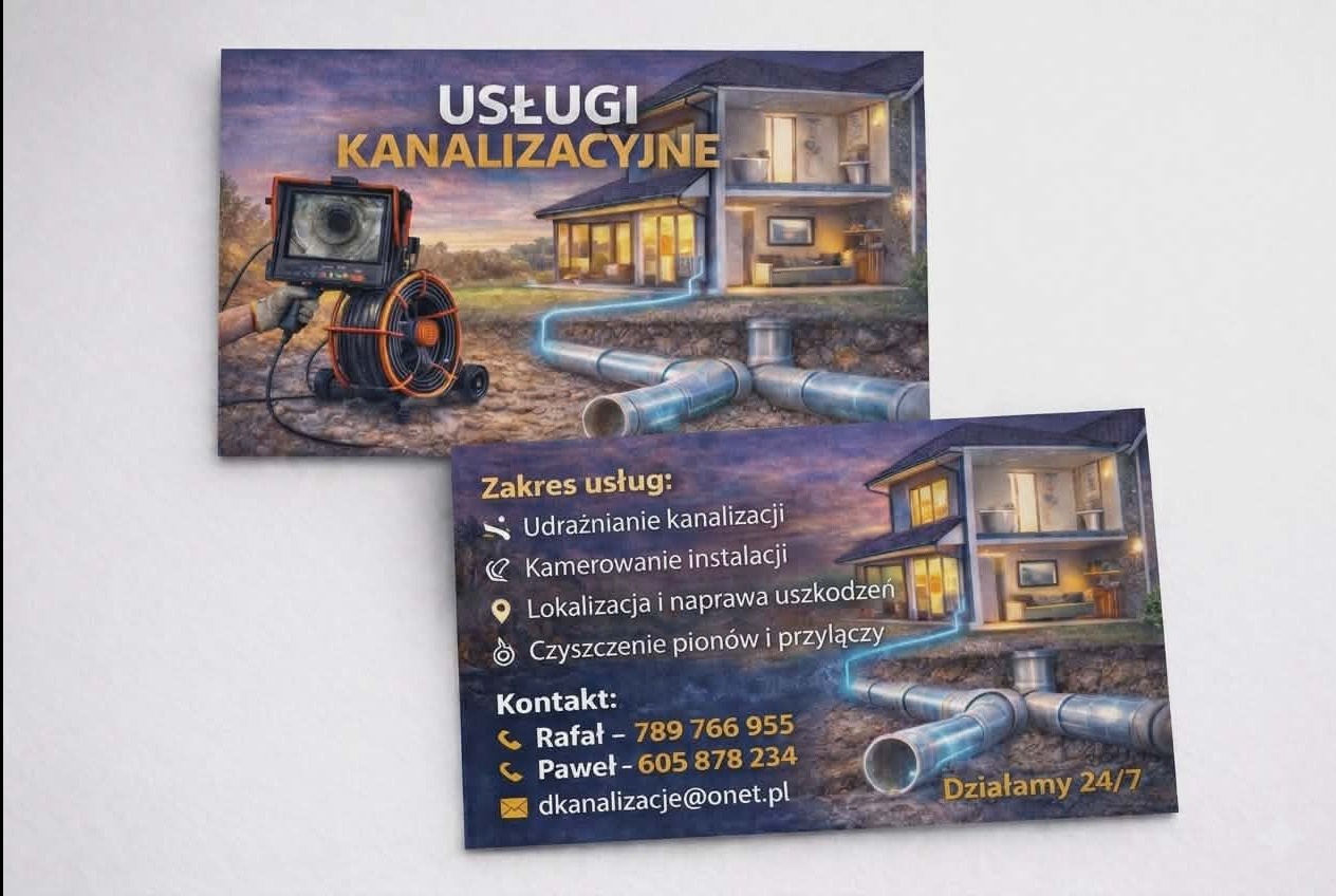 Grafika reklamowa usług kanalizacyjnych: udrażnianie, kamerowanie, lokalizacja uszkodzeń, czyszczenie pionów. Kontakt: Rafał, Paweł, e-mail. Działamy 24/7.