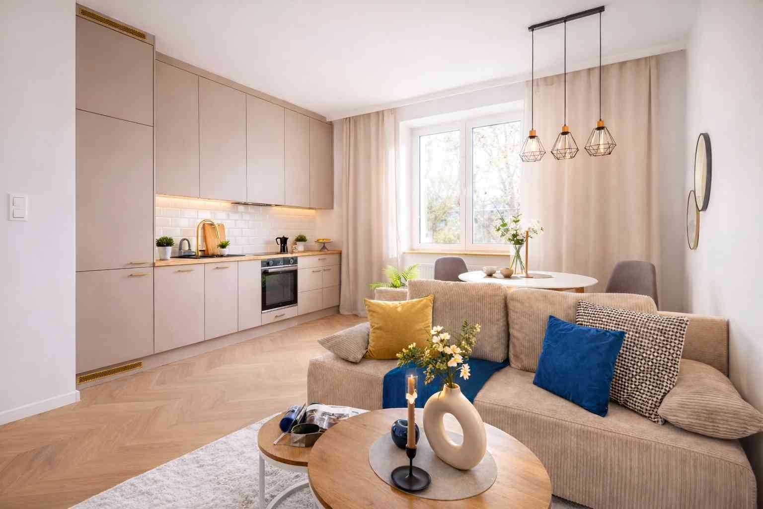 Jasne, beżowe wnętrze mieszkania z aneksem kuchennym: zabudowa kuchenna, drewniany parkiet, sofa z poduszkami i okrągły stół. Nowoczesny design, ciepłe oświetlenie.