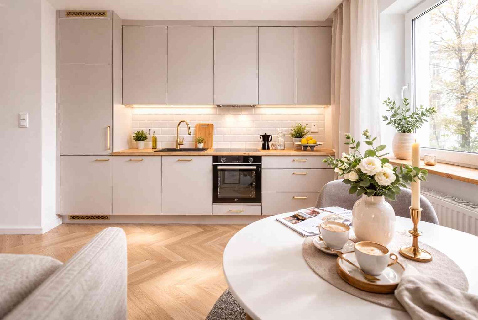 Jasna kuchnia w stylu skandynawskim z drewnianym blatem, białymi płytkami i złotymi akcentami. Na stole kawa i kwiaty, w tle okno z widokiem na zieleń.