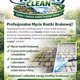 Jakub Bańka - Baner reklamowy firmy Kostka Clean: profesjonalne mycie kostki brukowej, czyszczenie podjazdów, usuwanie mchu. Widoczny numer telefonu i efekt czyszczenia kostki.