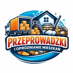 Jakub Bańka - Kolorowa grafika: ciężarówka z kartonami, dom, worki, mop i napis 'Przeprowadzki i opróżnianie mieszkań' w dynamicznej kompozycji na białym tle.