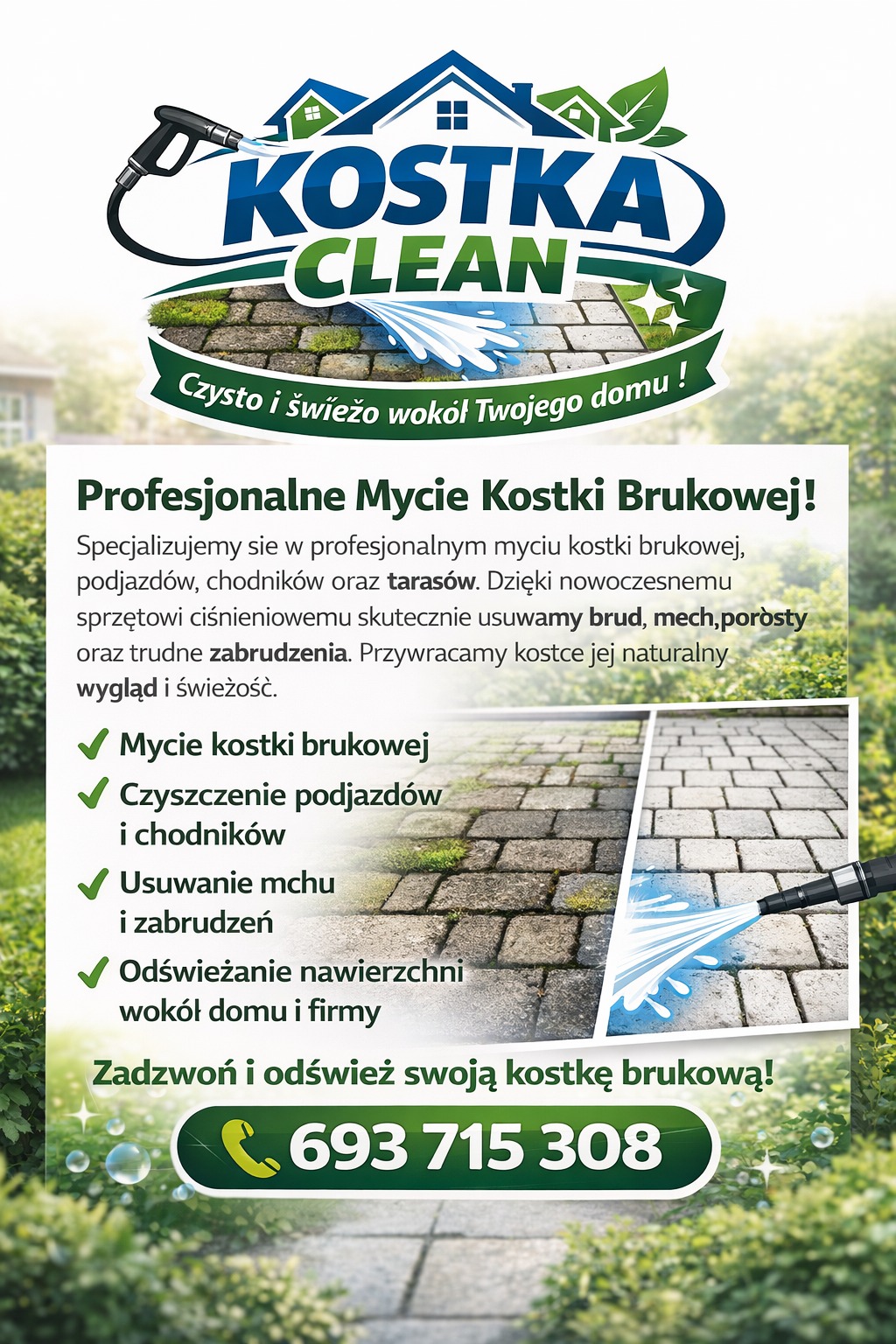 Baner reklamowy firmy Kostka Clean: profesjonalne mycie kostki brukowej, czyszczenie podjazdów, usuwanie mchu. Widoczny numer telefonu i efekt czyszczenia kostki.