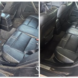 MG.DYNAMIC - Tapicerka samochodowa przed i po czyszczeniu: po lewej brudne siedzenie, po prawej czyste, czarne skórzane fotele. Widoczne detale wnętrza pojazdu.