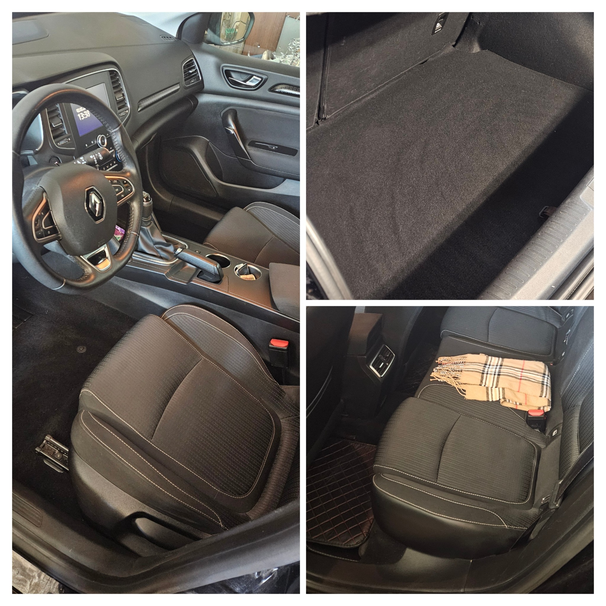 Wnętrze czarnego Renault Megane po czyszczeniu: fotele z jasnymi przeszyciami, czysta tapicerka bagażnika, dywaniki. Na tylnym siedzeniu leży beżowy szal w kratę.